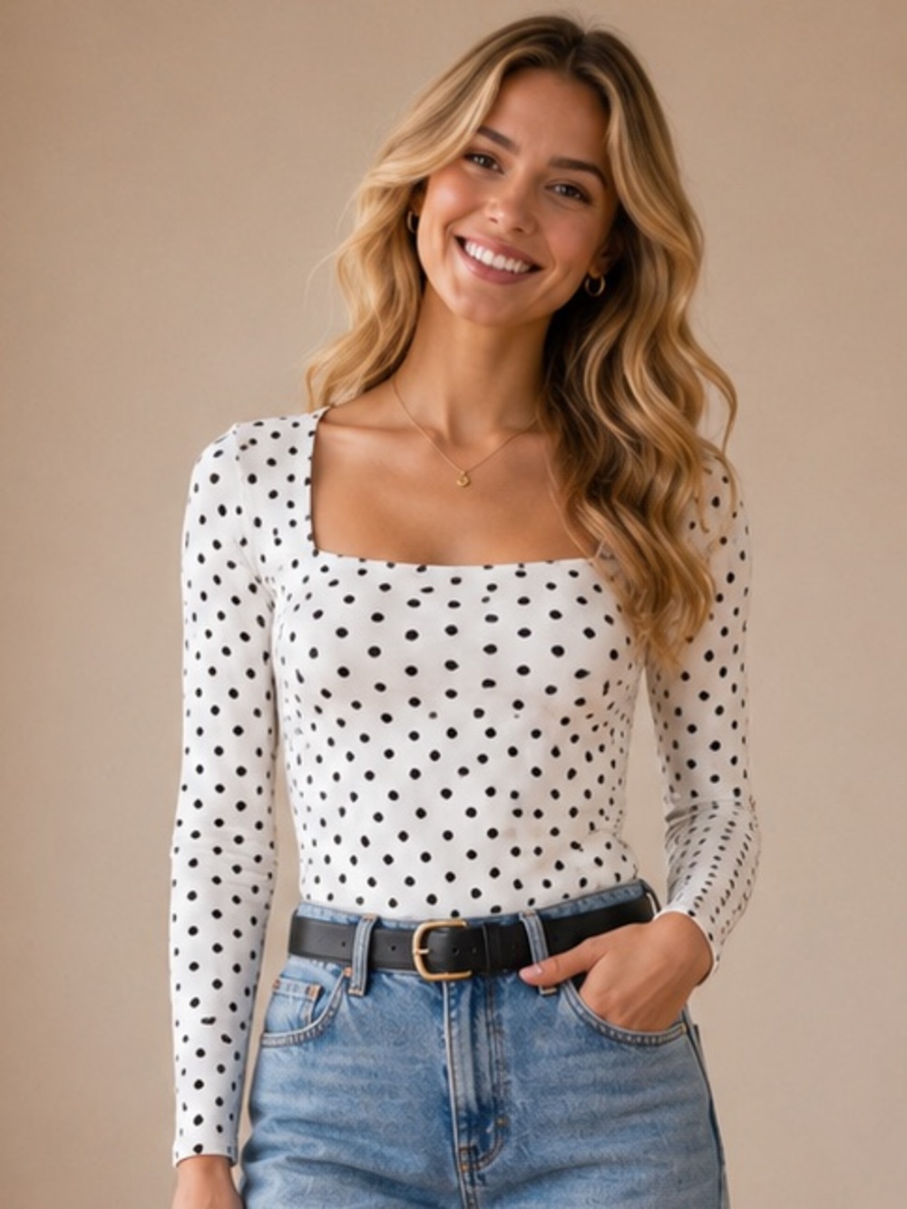 LOFT White Long-Sleeve Polka Dot Square Neck Top